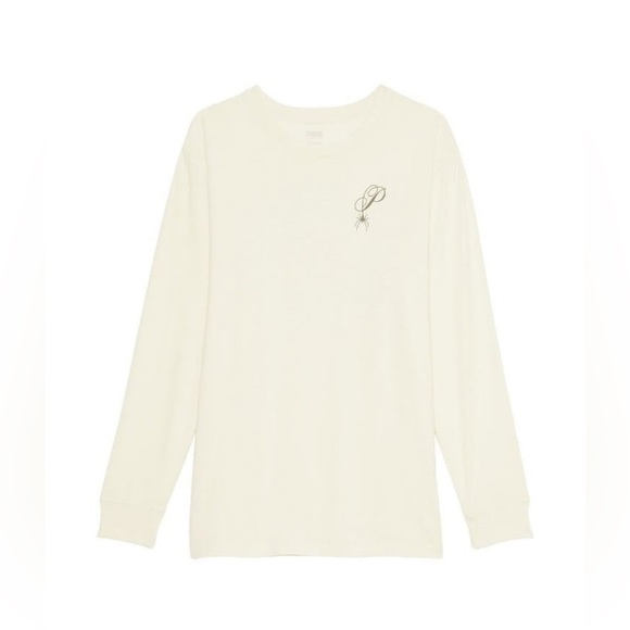 VS PINK LONG SLEEVE CAMPUS TEE SHIRT CREAM BLACK SPIDER WEBS HALLOWEEN HTF NWT L - Picture 4 of 4